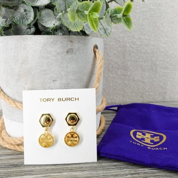 Tory Burch Hexagon Circle Logo Drop Earrings Gold OS - Picture 2 of 12